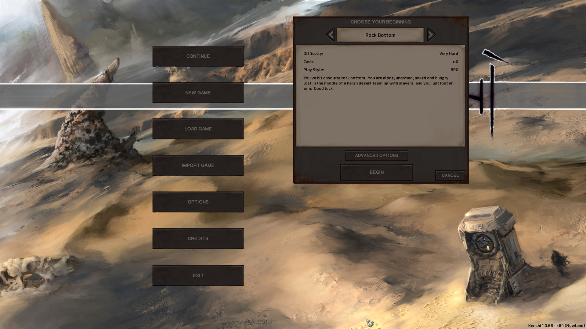 The main menu screen, displaying info for the game start we will be using. Behind the box for said game start is some nice splash art of a desert with a mysterious person in a tattered cloak in the bottom left, walking past a person-sized metal building with cloth wrapped around the roof and some sort of round symbol taking up the upper half of the door. A shrine, perhaps.