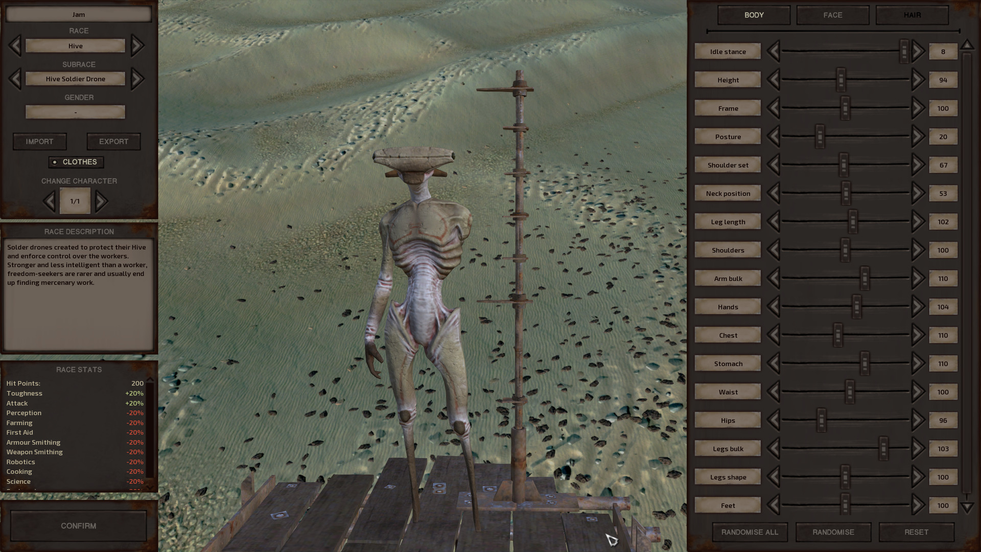 Our starting character, Jam. Jam is a long-legged hive soldier drone. Like all hivers, hive soldiers are insect-like humanoids with leathery, pale green skin. They have a relatively humanoid chest that gives way to skin stretched tightly over a visible ribcage, then a very thin abdomen as if all their organs were directly in front of their spine. Their legs connect to either side of their lower abdomen as if by diagonal shafts, with the tops of their legs jutting upward to give them the appearance of wide hips. Their legs narrow down into thin sticks below the knees. They have no feet. The one feature unique to hive soldiers that makes them visually distinct from other hivers is the shape of their head. It is oblong like that of a hammerhead shark, with one beady black eye on either side. They have a single antenna that emerges from the back of their head and points directly backward, and a stubby knob on each side around where a human's ears might be. The character creator calls them horns but they seem to be covered with skin. Finally, since we are using the Rock Bottom game start, Jam is missing their left arm.