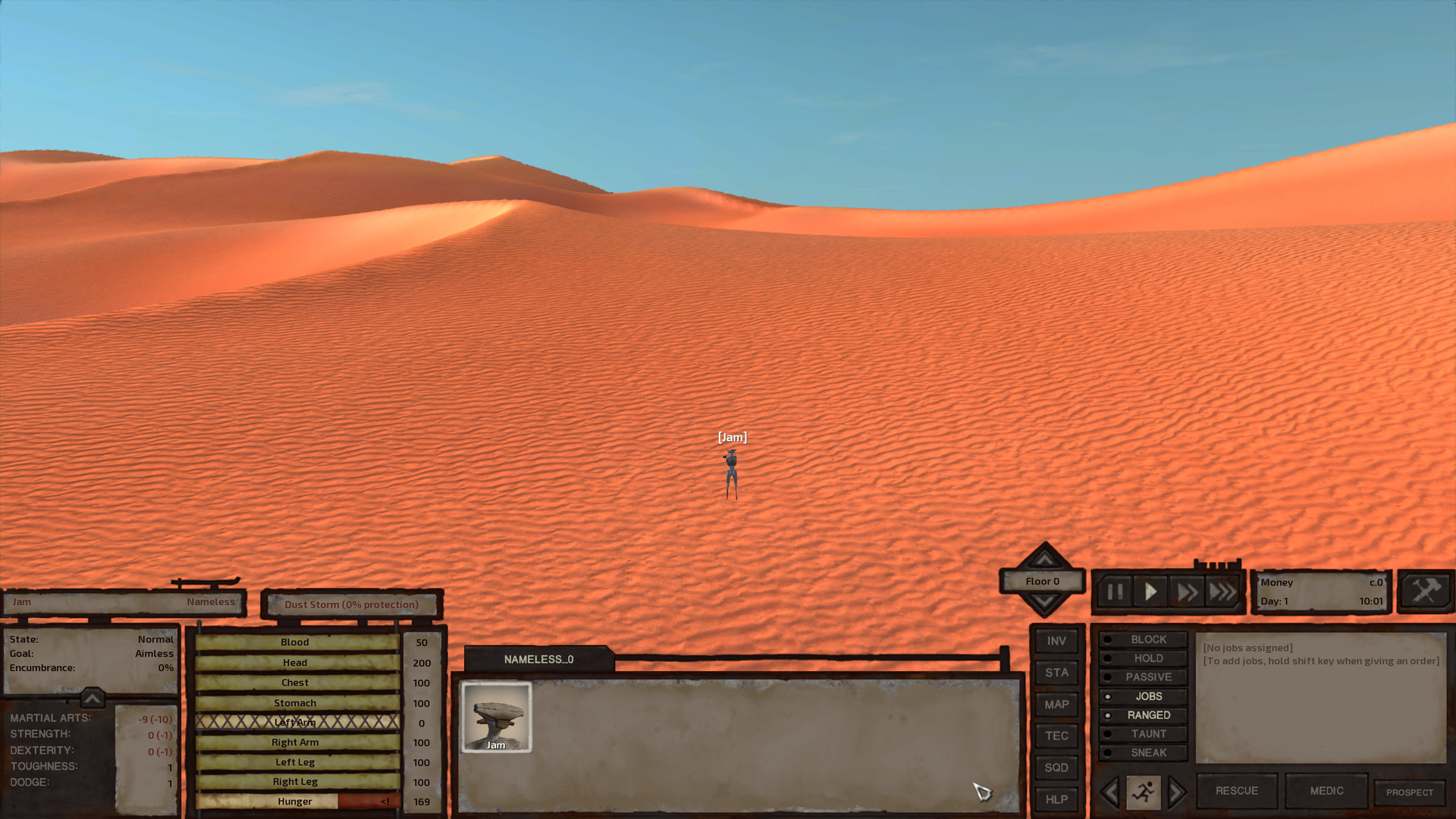 Jam stands alone in the middle of the trackless desert. Dunes stretch into the horizon.