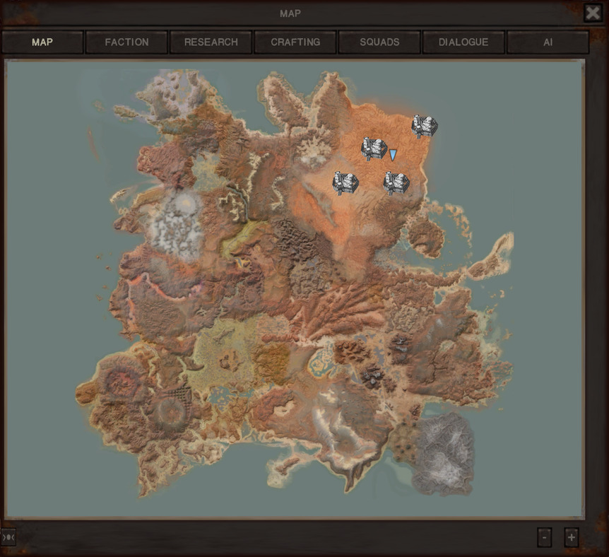 Kenshi's map, zoomed out to show the entire continent the game takes place in. Many kinds of landscapes can be seen. Jam is in the northeastern corner of the world, where 4 nearby cities are marked on the map.