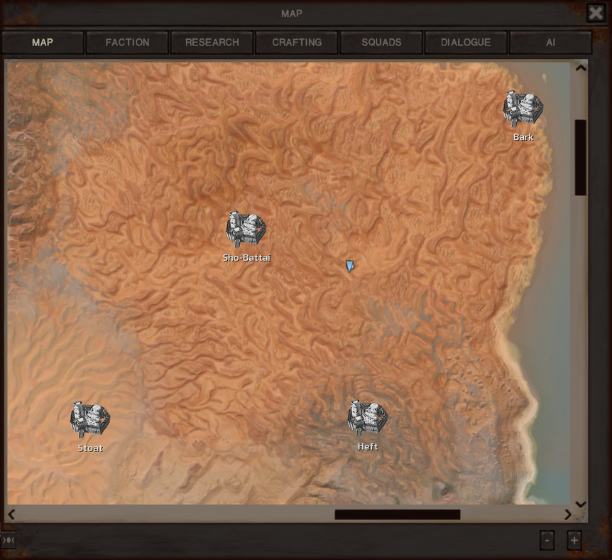 The map zoomed in to show the names of the 4 cities around Jam. Nearest, west-northwest, is Sho-Battai. Further away, northeast on the coast, is Bark. Heft is to the southwest and Stoat is to the southeast in what looks like a slightly different desert area.