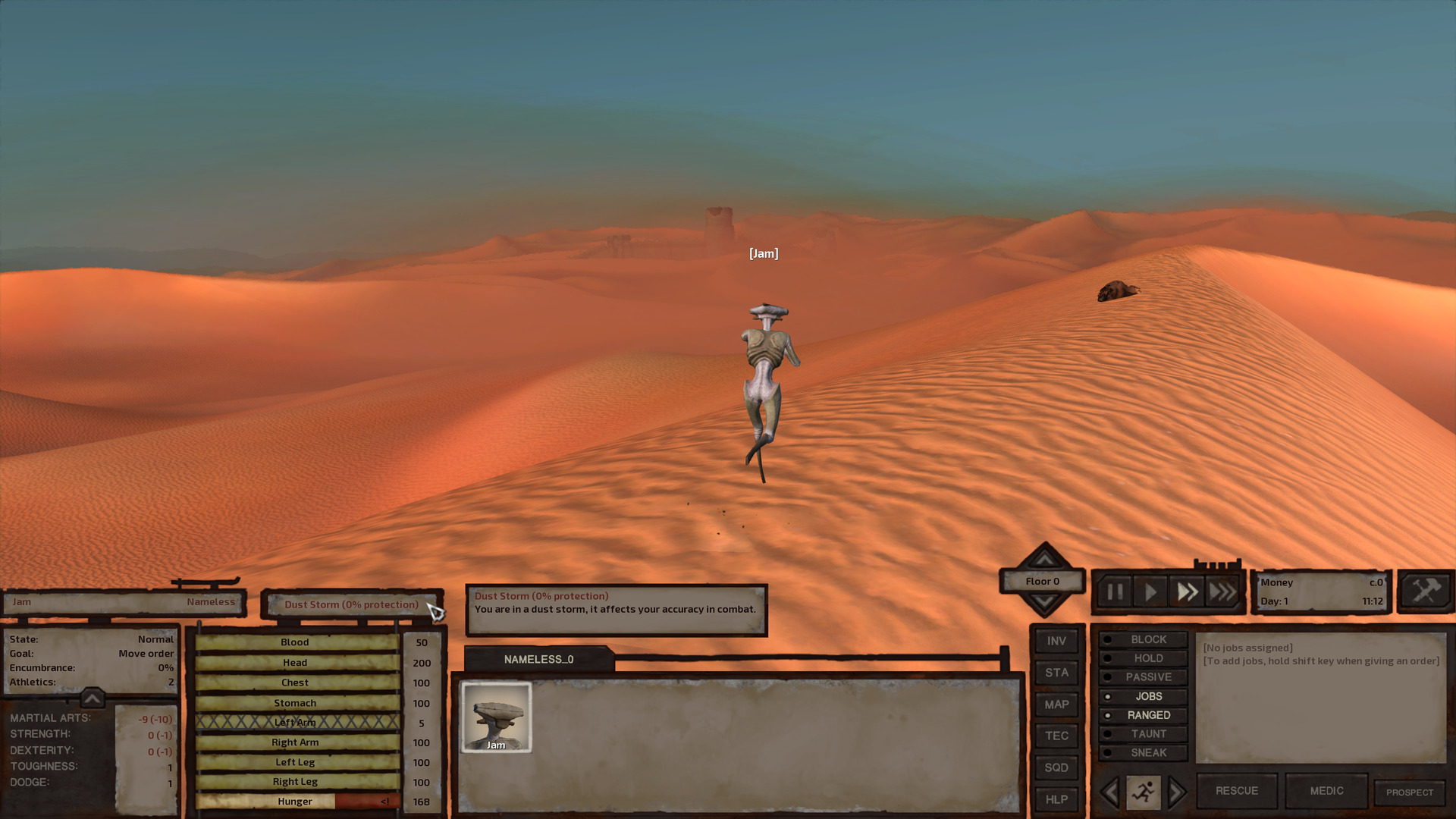 Jam running, still naked, toward a city on the horizon. The air ahead is full of dust.