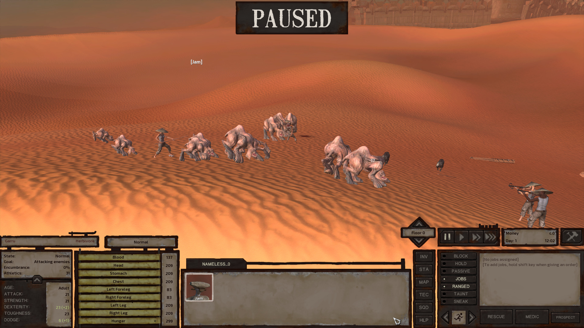 A few of the rebel farmers fight a herd of garru, strange-looking hairless herd animals with a hump on their back, big feet, strong jaws, and large, floppy ears. Jam is fleeing in the background.