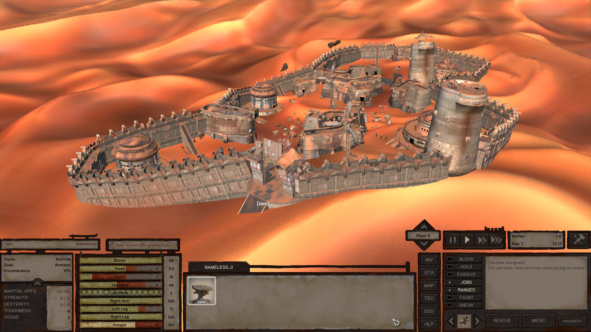 The city of Sho-Battai. Sitting improbably amongst the dunes, it's enclosed by high walls and its various buildings have orange sand blasted across their walls and roofs. Two windmills stand tall in the middle of the main throughways.