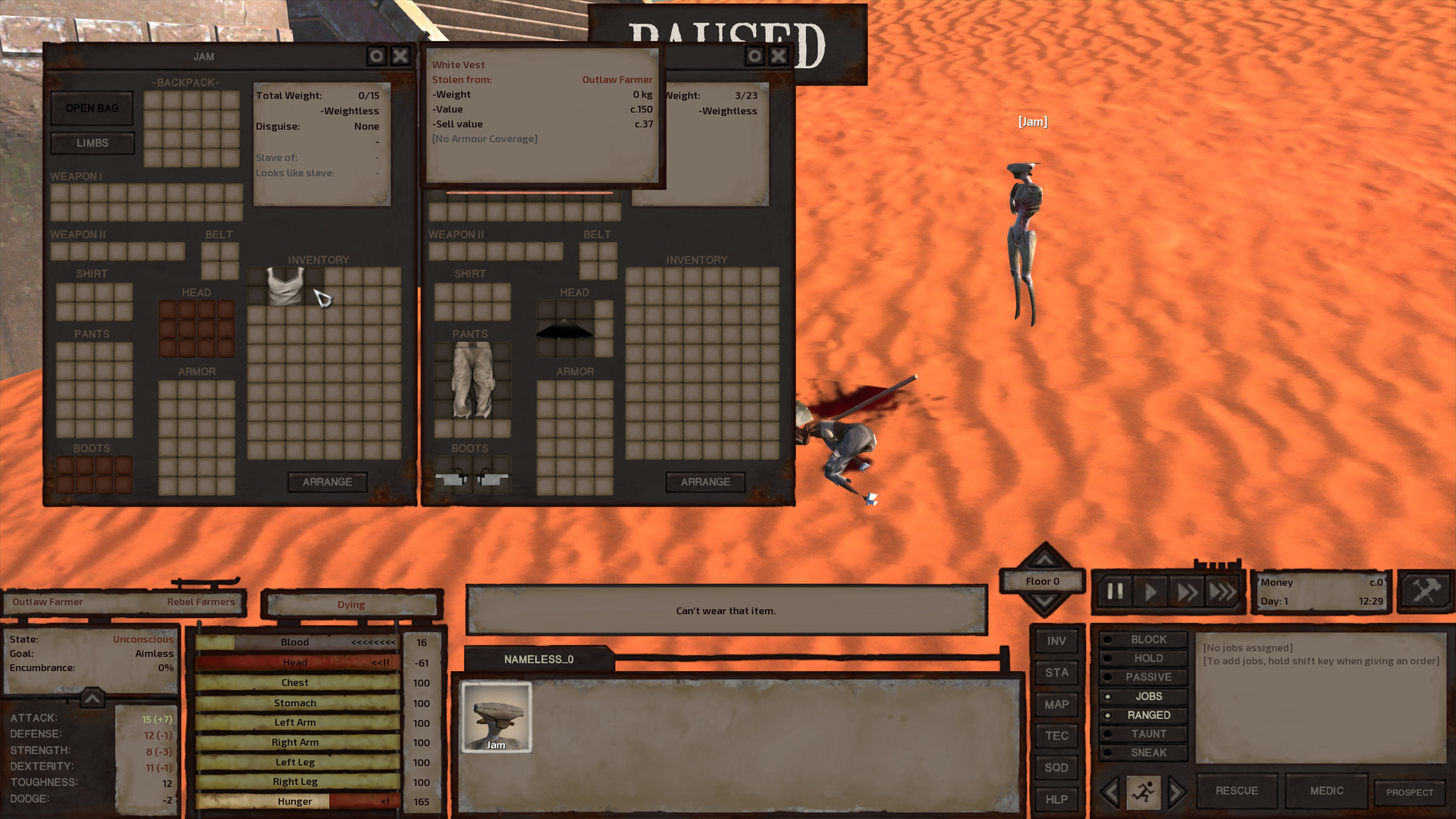 Jam stands next to a rebel farmer who's dying on the ground. Both their inventories are open; Jam is looting.