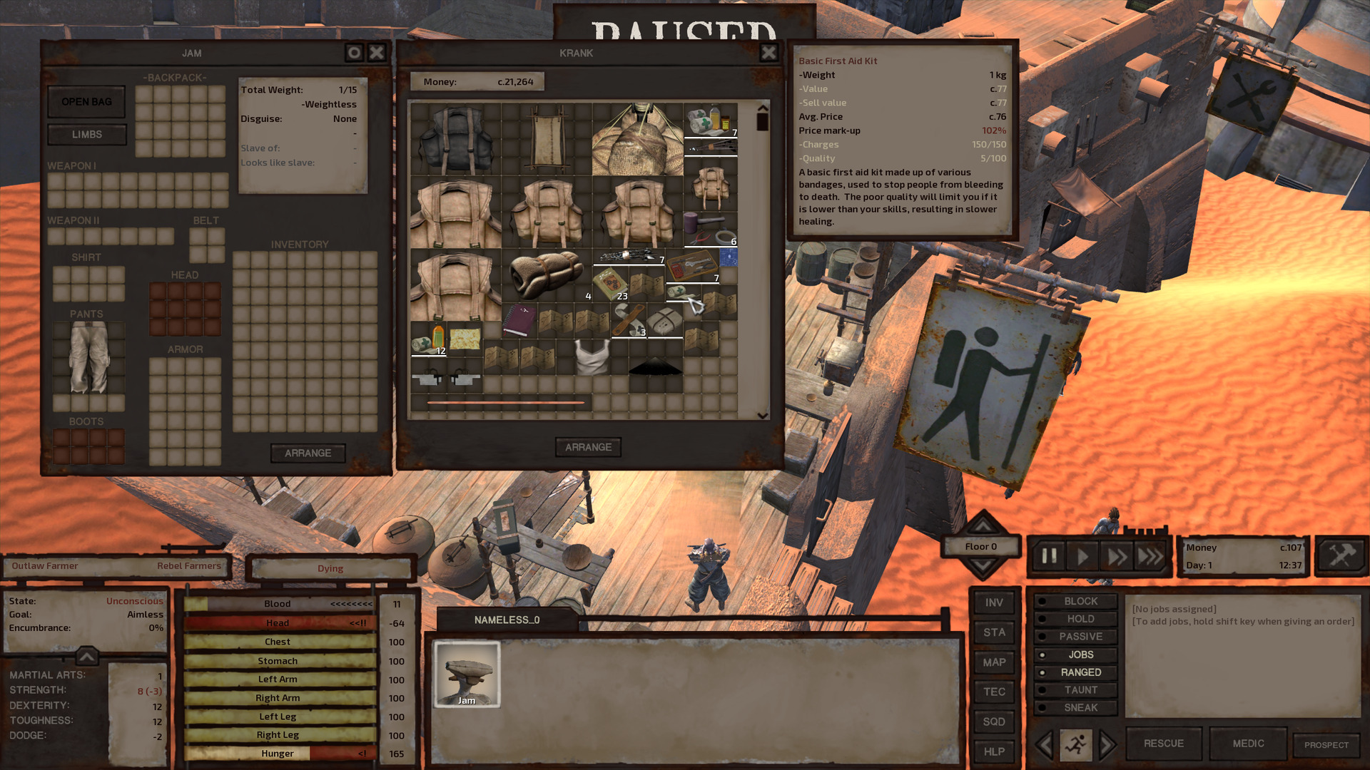 Sho-Battai's travel shop, a store inside a smallish standalone stone building. Jam is shopping and the store's inventory is visible.