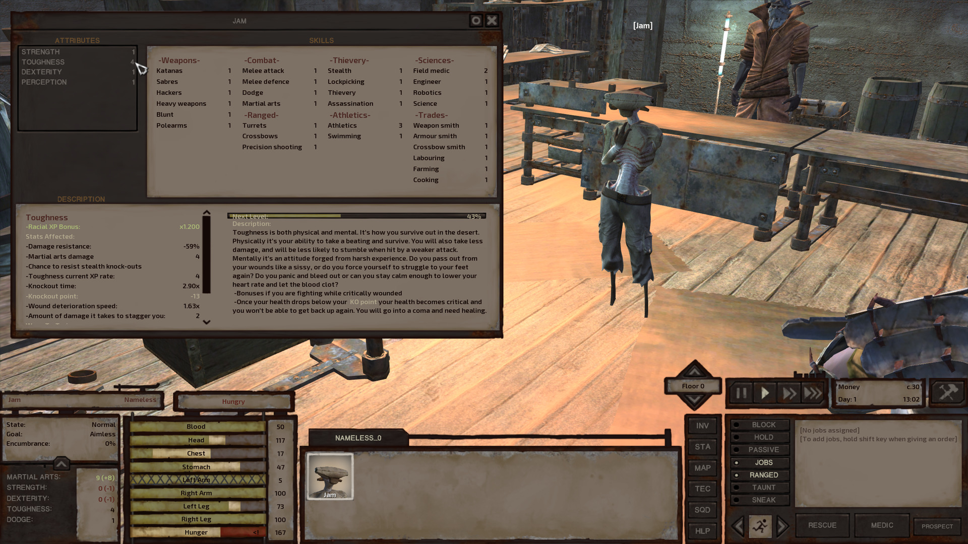 Jam stands in the travel shop, clutching their wounded chest. Their stats window is open.