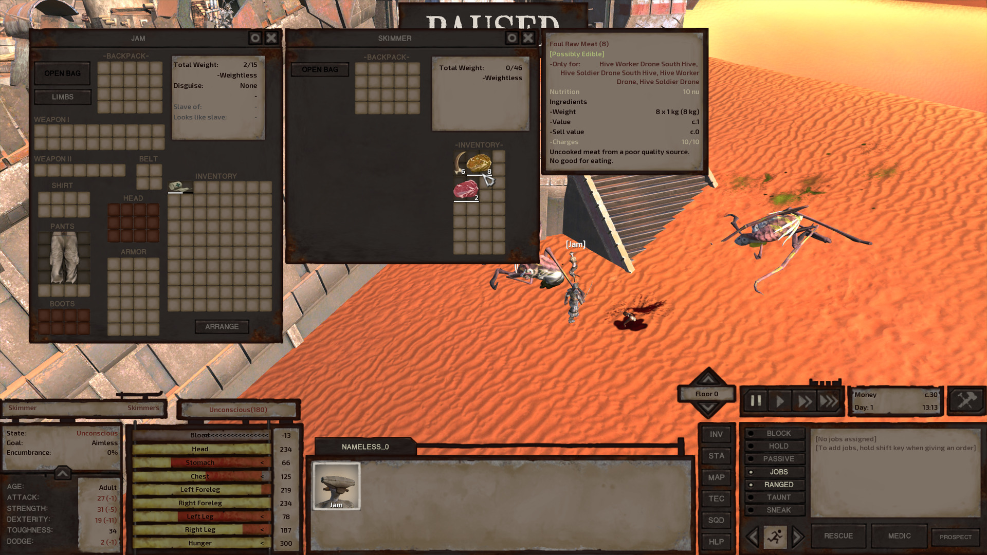 The same as the last screenshot but a yellow meat item is highlighted instead, showing its properties.