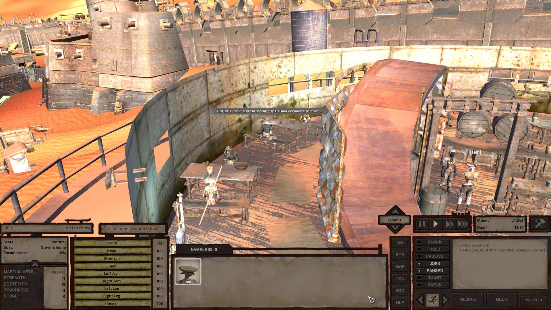 On the far side of the bar, behind the stairs, a few people sit at tables arranged along the wall. One, a shek woman wearing a conical straw hat and a leather jacket, chats with a skeleton in a leather jacket one table over.