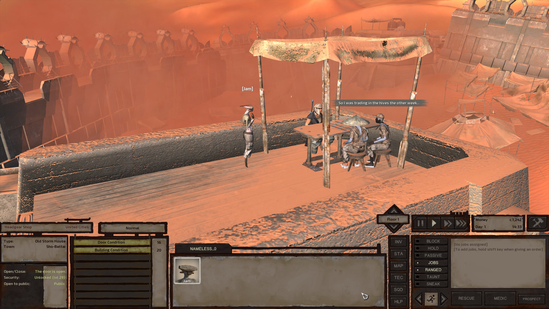 Jam approaches a table with three humans sitting at it: Riddly is fair-skinned and wearing a black overshirt, Twigs is tan and wearing a conical straw hat, and Yuzuki has charcoal grey skin, white hair, and wears a ball cap. Yuzuki is a scorchlander, the kind of human that can eat raw meat. It's going to be quite a while before I talk about scorchlanders. The people viewing the photo don't even know. This is our little secret.