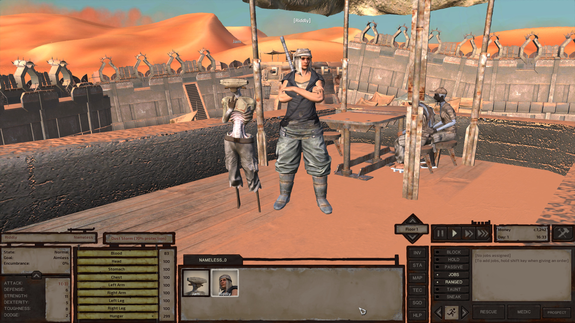 Riddly and Jam stand side by side. Riddly is super tall and has a curvy build. Jam doesn't even come up to her shoulders. Riddly is wearing a beige turban, a black gi top, and loose pants tucked into metal boots.
