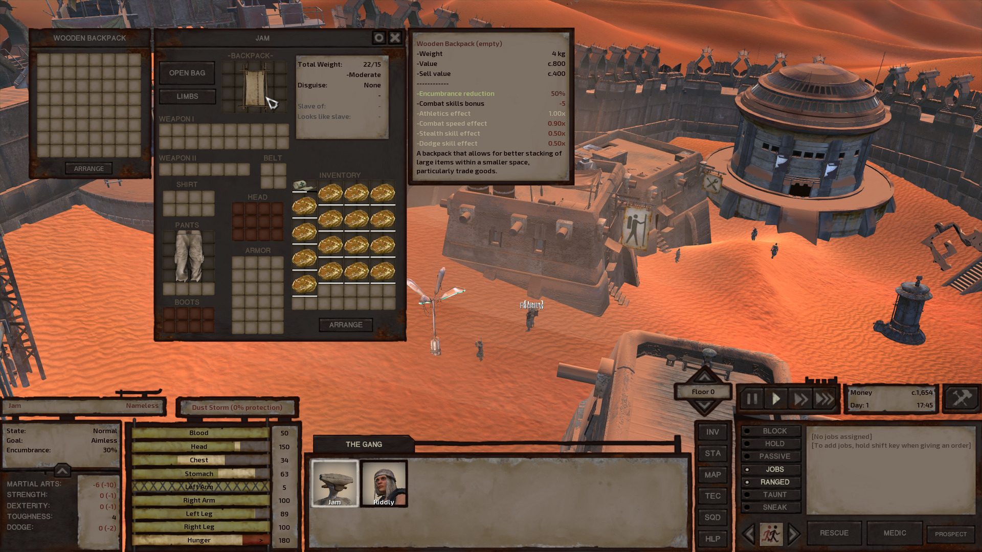 Jam's inventory, nearly full with foul raw meat. They have just bought a wooden backpack, a rectangular cuboid pack made of what looks like hide of some sort hung in a wooden frame. Behind the inventory screen, Jam and Riddly are standing in front of Sho-Battai's travel shop. The mechanical shop and samurai barracks can be seen in the background.