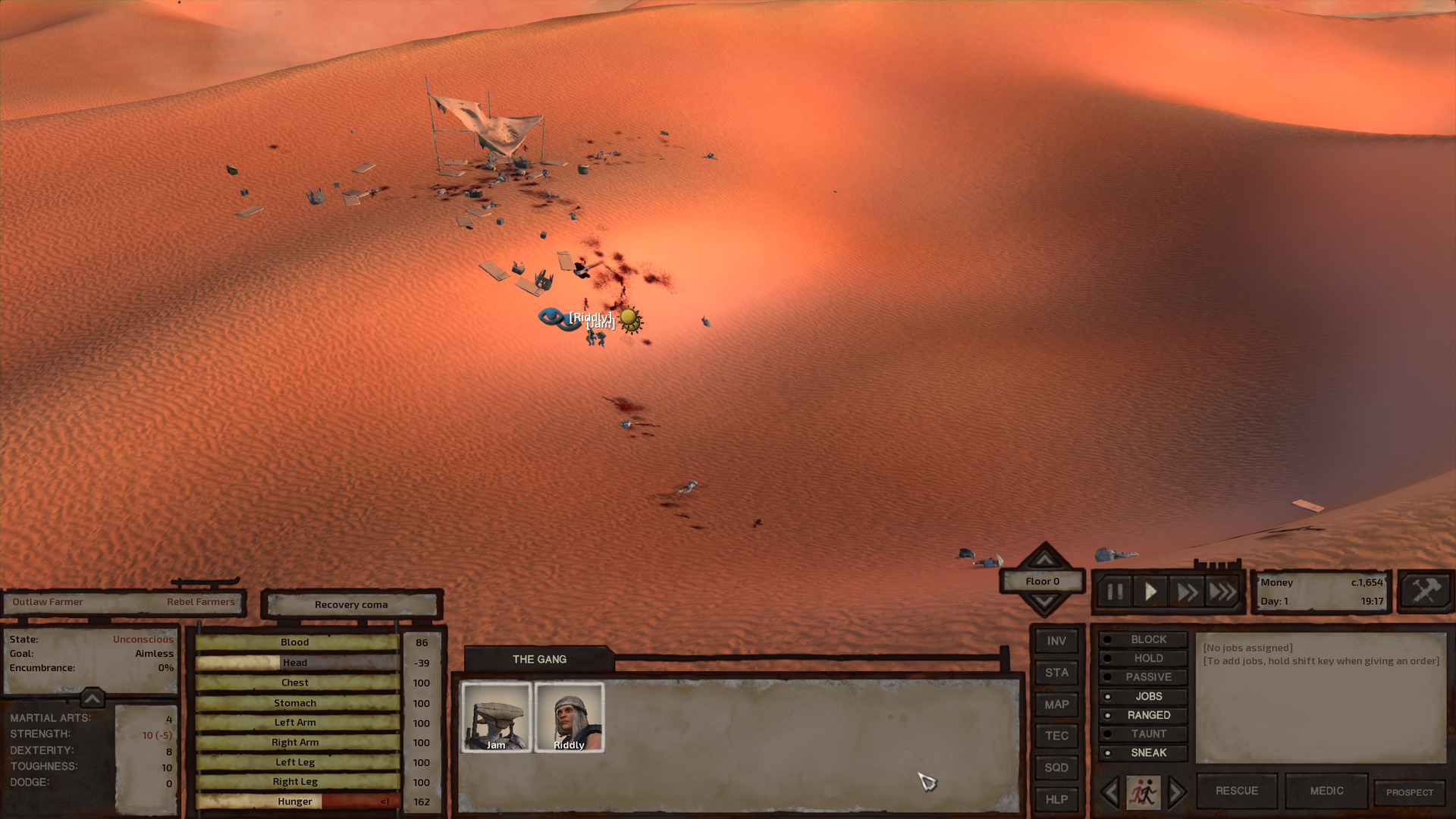 The desert sands in front of the rebel farmers' encampment, now littered with the farmers' dead and unconscious bodies. Dozens of bloodstains mar the sands.