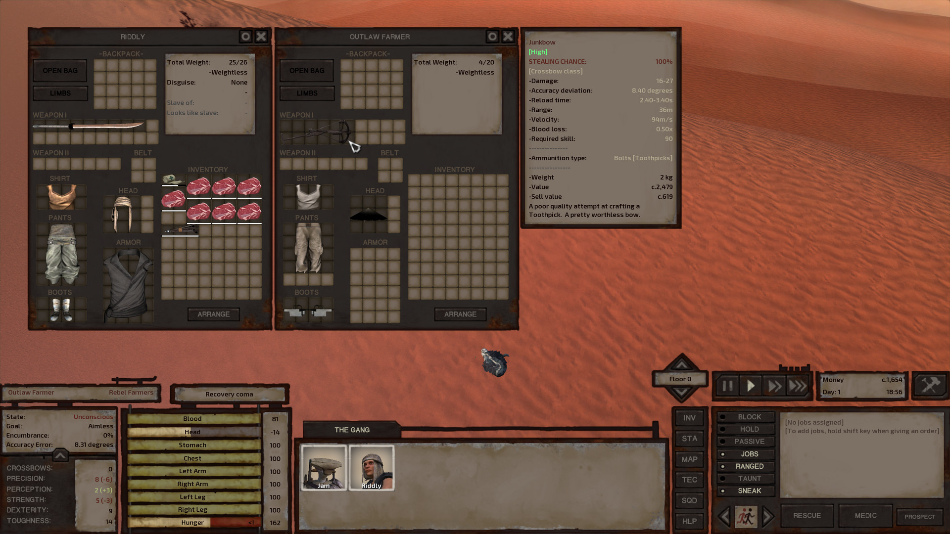 Riddly is looting an outlaw farmer. The farmer has regular clothes and a high-quality junkbow, which isn't a complete oxymoron.