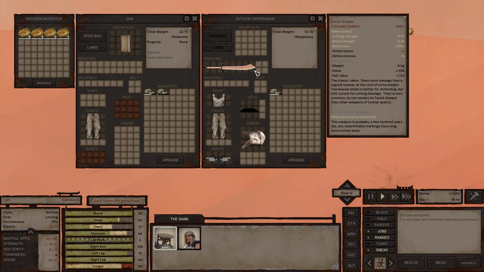Jam is looting an outlaw swordsman. The swordsman has regular clothes, a medkit, a ramshackle plate of chest armour, and a kind of sabre called a 'horse chopper'.