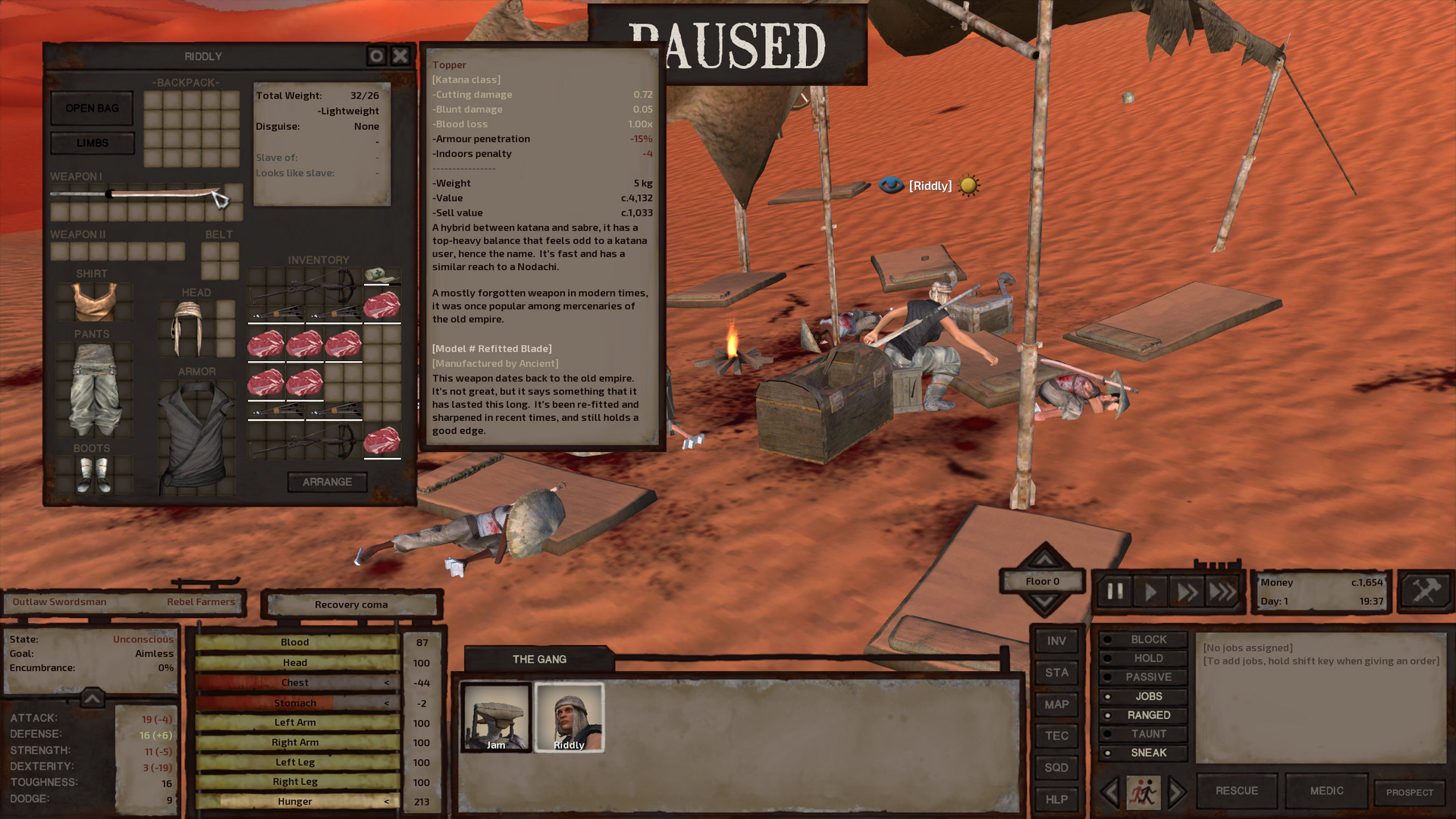 Riddly's inventory is open, showing her sword. It is a topper, which is a large katana, almost as large as a nodachi.