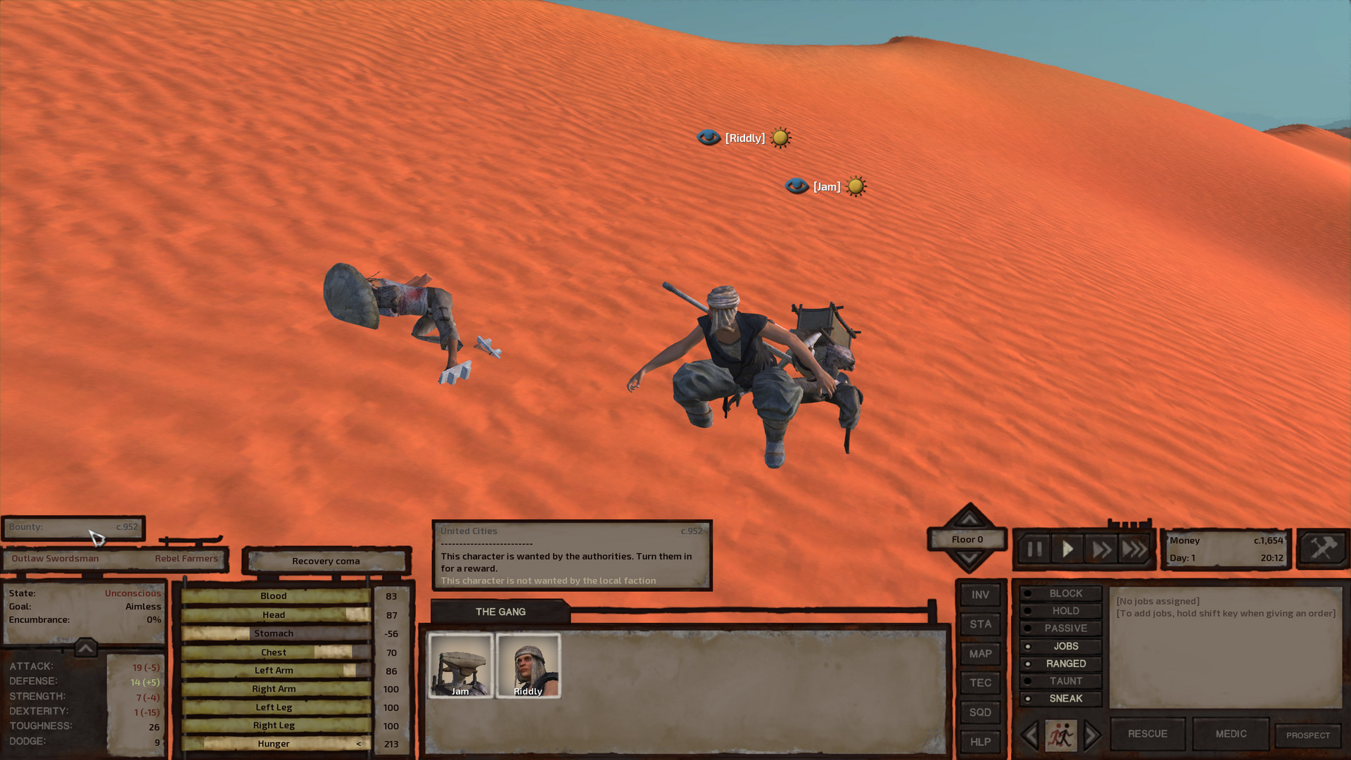 Jam and Riddly approach an unconscious outlaw swordsman, a member of the rebel farmers faction. The outlaw swordsman has a severe chest wound, either from fighting garru or samurai. He will be unconscious for a while.