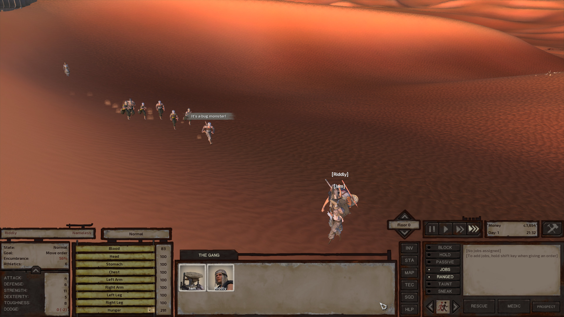 A group of humans, greenlanders all, run toward Jam and Riddly on the sands just outside Sho-Battai. They wear leather chest armour, cargo pants, and metal helmets. The game calls these 'masked helmets'. They're shaped somewhat like a knight's armet, with the full face covered except a slit for the eyes. They're not as cool as an armet though. No part of it looks like it pivots and it's generally sort of an ugly piece of crap. Best you can do in the wasteland I guess. Anyway, the leader of the humans yells 'It's a bug monster!' at Jam.