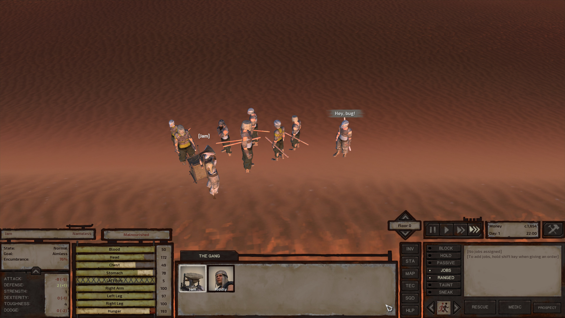 Jam stands in the midst of the Heroes, staring their leader down. Their leader stands behind his cronies and shouts 'Hey, bug!'