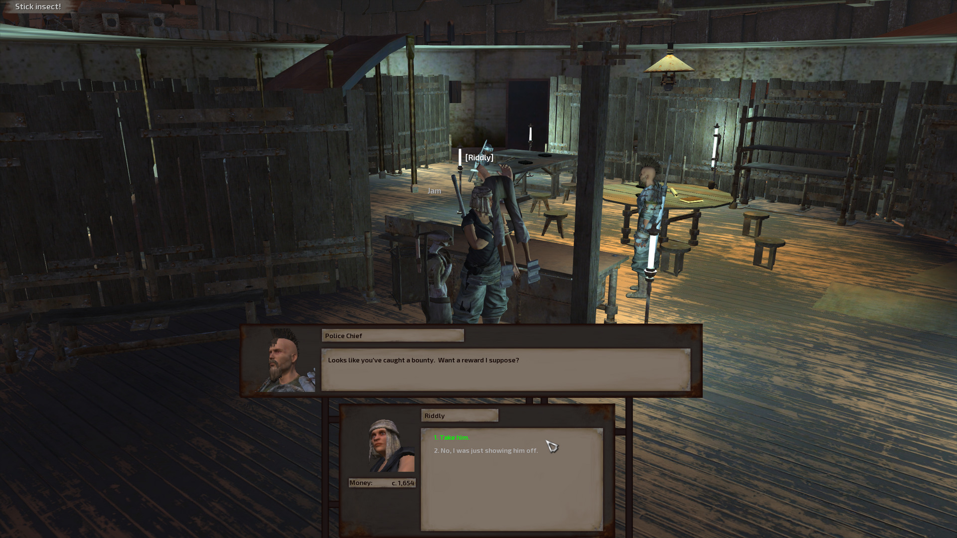 The police station interior, first floor. It's rather unremarkable - a large room with wooden interior walls surrounding a couple tables. Jam and Riddly, who is carrying the outlaw swordsman over her shoulder, approach the counter to speak to the police chief: A guy in samurai armour with a beard and a mohawk. He says 'Looks like you've caught a bounty. Want a reward I suppose?'