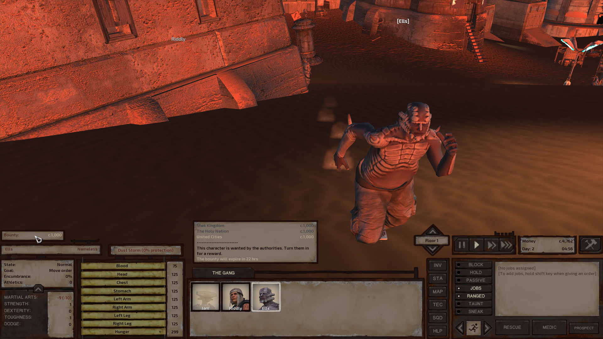 Ells dashes down the street, looking determined. Above his healthbars and name is displayed... his bounty! Ells has a bounty on his head. Oh no.