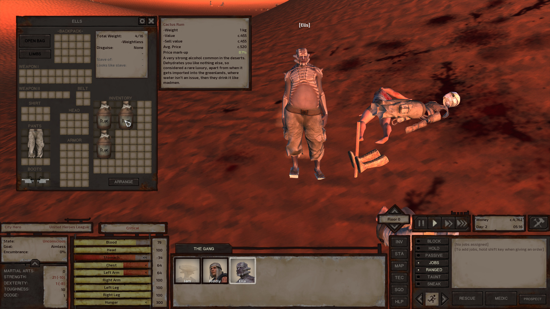 Ells is standing next to an unconscious United Hero, whose gear is all in a rather silly-looking semi-floating pile next to him. Ells' inventory is also open, showing three bottles of rum.