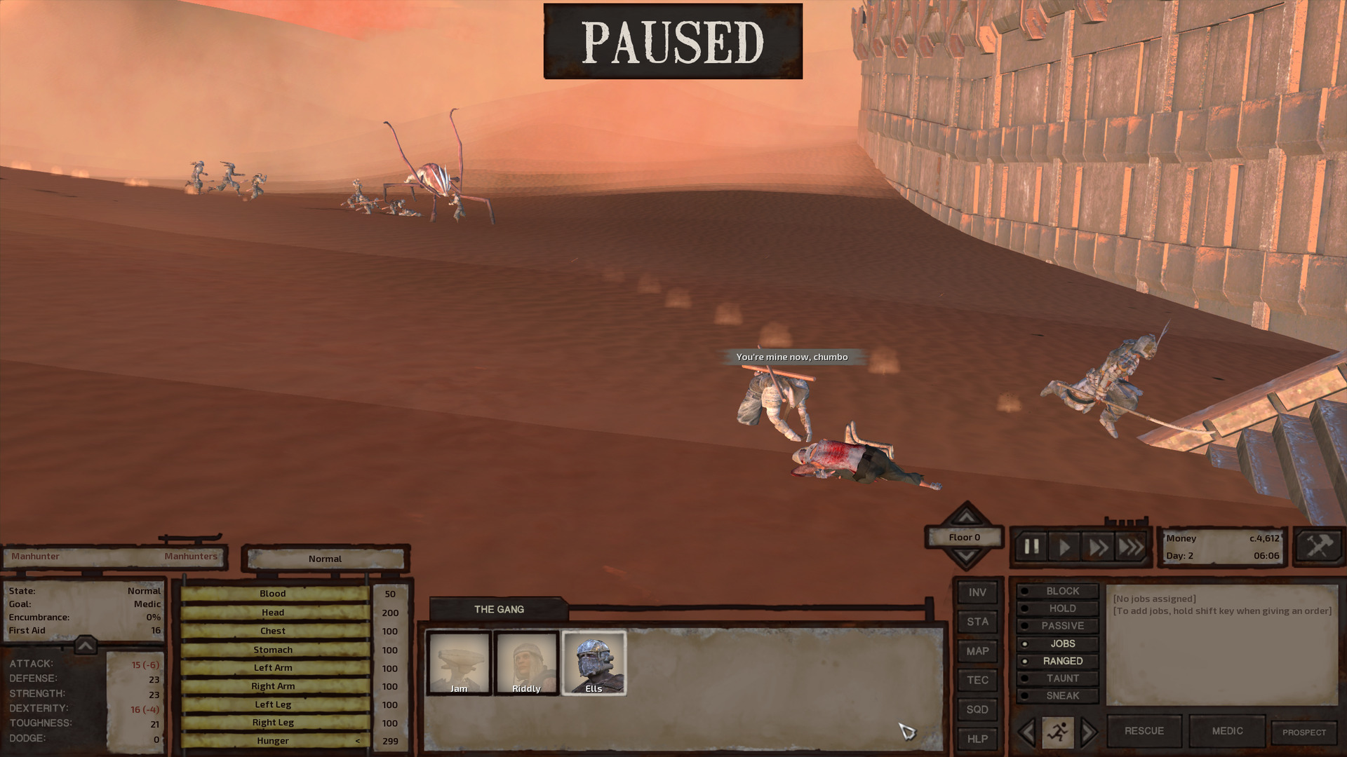 In the foreground, a hive soldier in a metal chest plate and shoulder pads fits a pair of shackles onto an unconscious City Hero, taunting him as they do. The hive soldier belongs to a faction called the Manhunters. In the background, a bunch more Manhunters fight a skimmer. It has knocked a couple of them out.