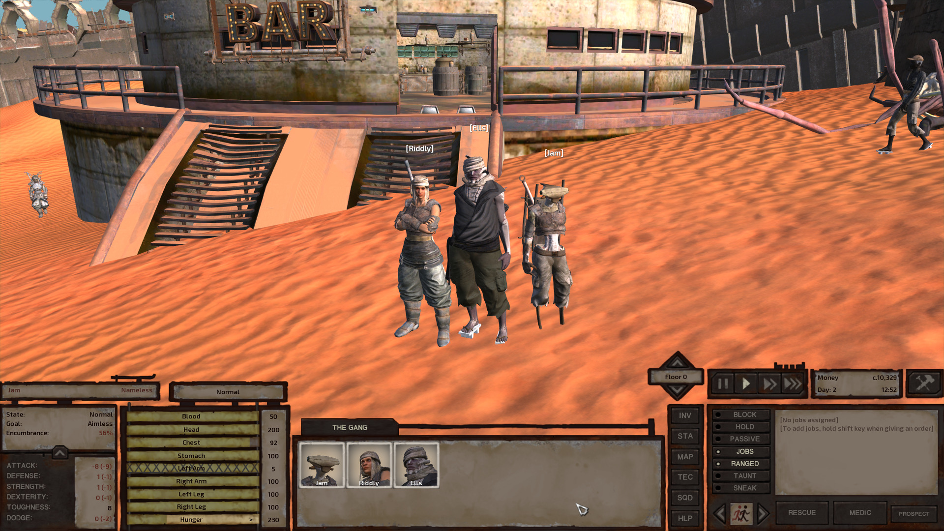 Riddly, Ells, and Jam all standing in front of the bar. Riddly and Jam wear leather armour they stole from City Heroes while Ells has on Riddly's old black gi top and dark green cargo pants he likewise stole from a City Hero.