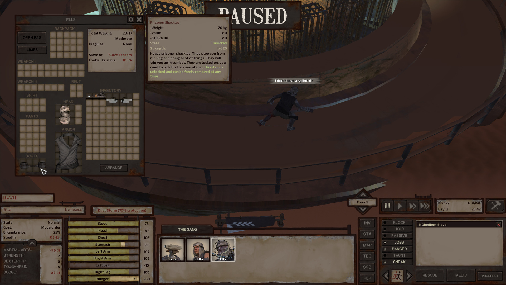 Ells hides on a walkway that encircles the second floor of the police station. It's the middle of the night, good for sneaking. His inventory is open, showing that the sandals he was wearing have been replaced by slave shackles, an item that cannot be removed until their lock is picked. He still has his sandals in his inventory though because he is a clever boy and stashed them before the slavers took them.
