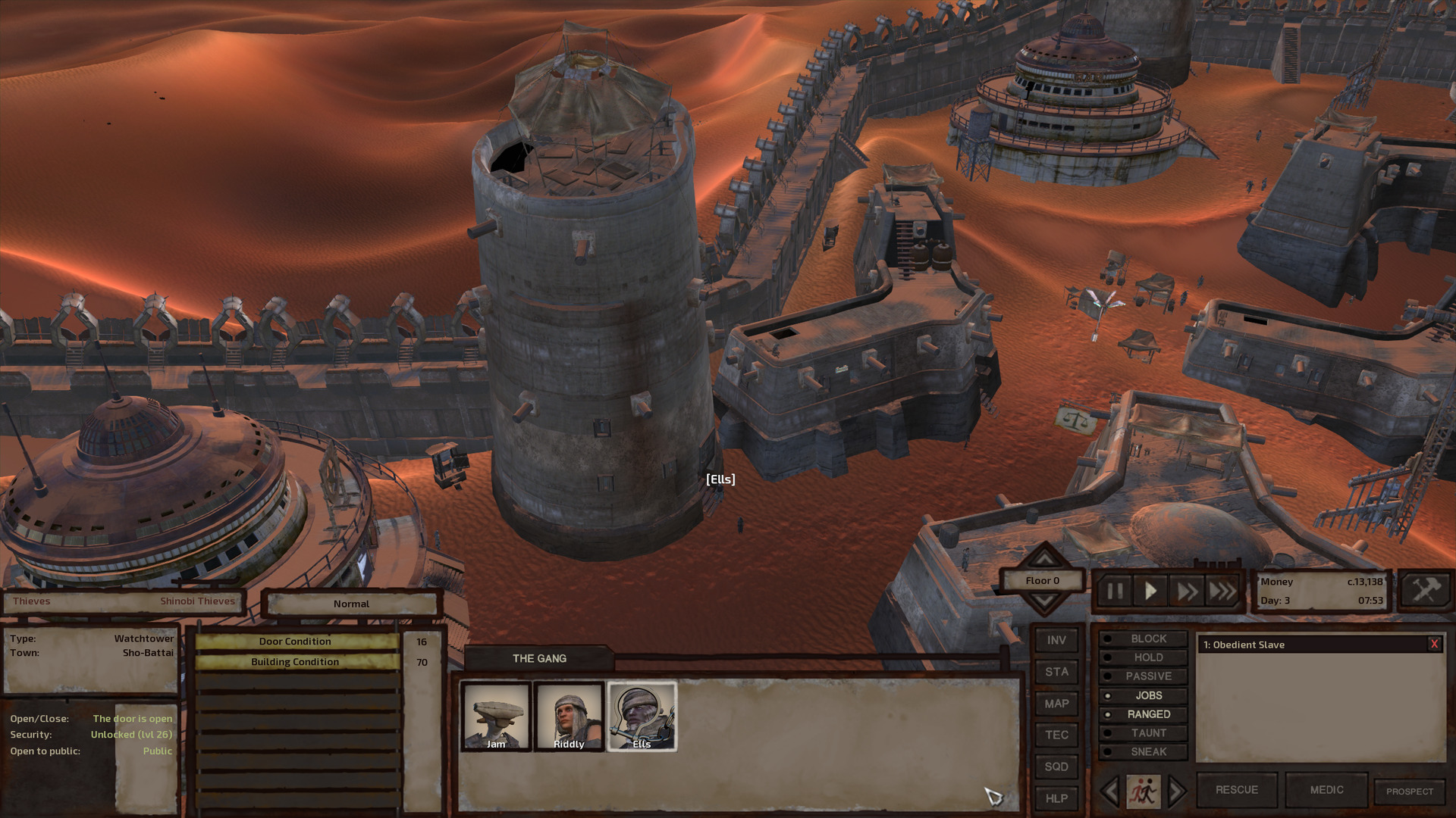 An aerial shot of Sho-Battai. Ells stands in front of a three-storey watchtower that's right next to the police station. The rest of the slaver caravan is already on the other side of town. A few are passing in front of the bar, which is close to the city gates.