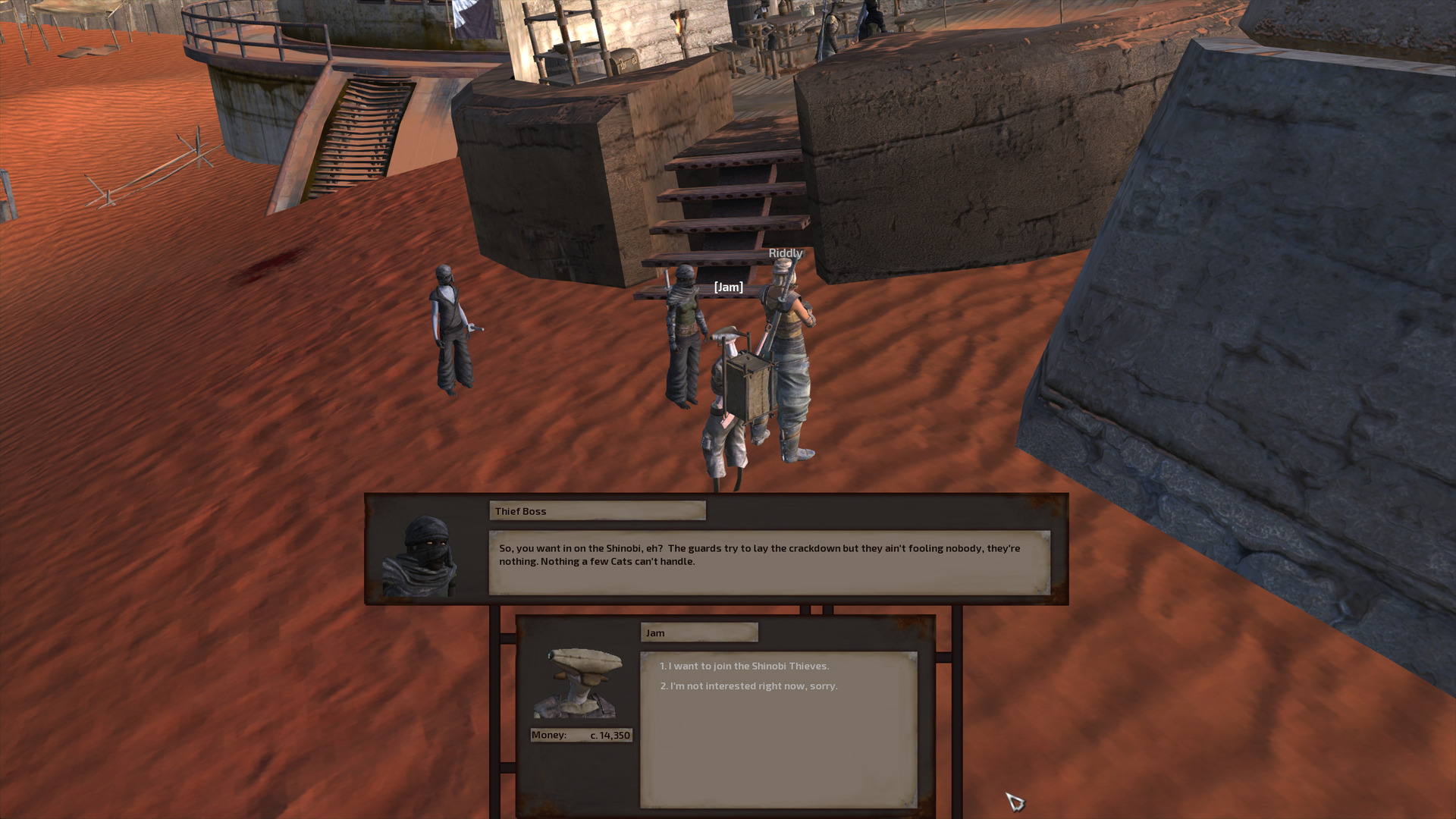Jam and Riddly chat with the Thief Boss outside the Thieves' tower. The thief boss is a scorchlander human woman about Jam's height, wearing a black ninja mask, black rags that cover her shoulders and right arm, and a dark green shirt.
