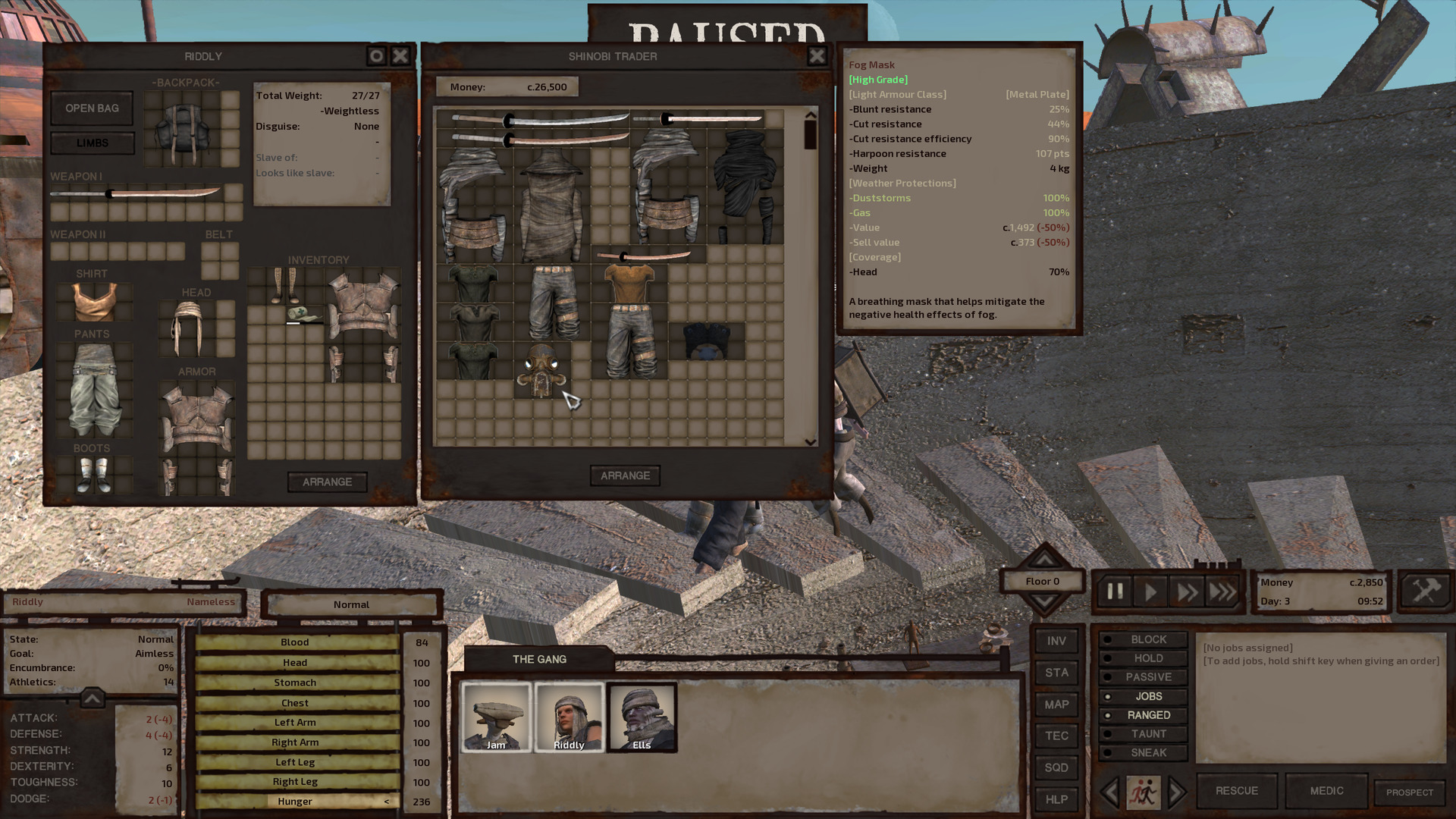 Riddly is shopping at the Shinobi Thieves' shop. They have a few katanas, some assassins' rags, some ninja rags, a thieves' backpack, various shirts and a fog mask. The fog mask is a dark metal gas mask that covers the face and leaves the back of the head exposed. It has a separate round lens for each eye and a central filter that covers the mouth and nose, supported by a small canister on each side that runs parallel to the face. If you can't tell from my loving description I think it's pretty cool.