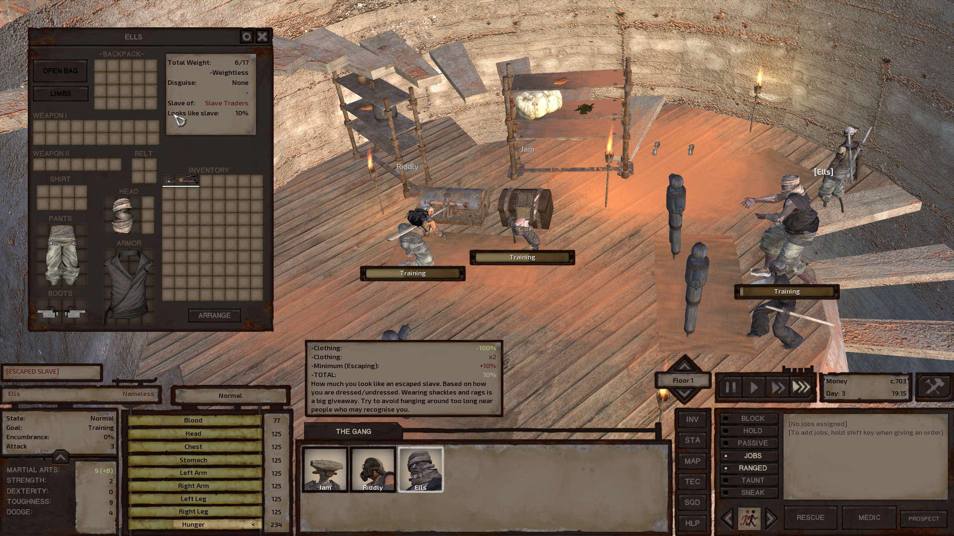 The second floor of the Thieves' tower. Riddly and Jam are each kneeling in front of a chest, tinkering away at practice locks. Ells stands in front of a nearby training dummy, arms posed as if he's swinging a sword at it, but he does not actually have a weapon to swing. Somehow this still helps train his melee attack skill. Ells' inventory window is open, listing that he is a 'Slave of: Slave Traders' and that he 'Looks Like Slave: 10%'.