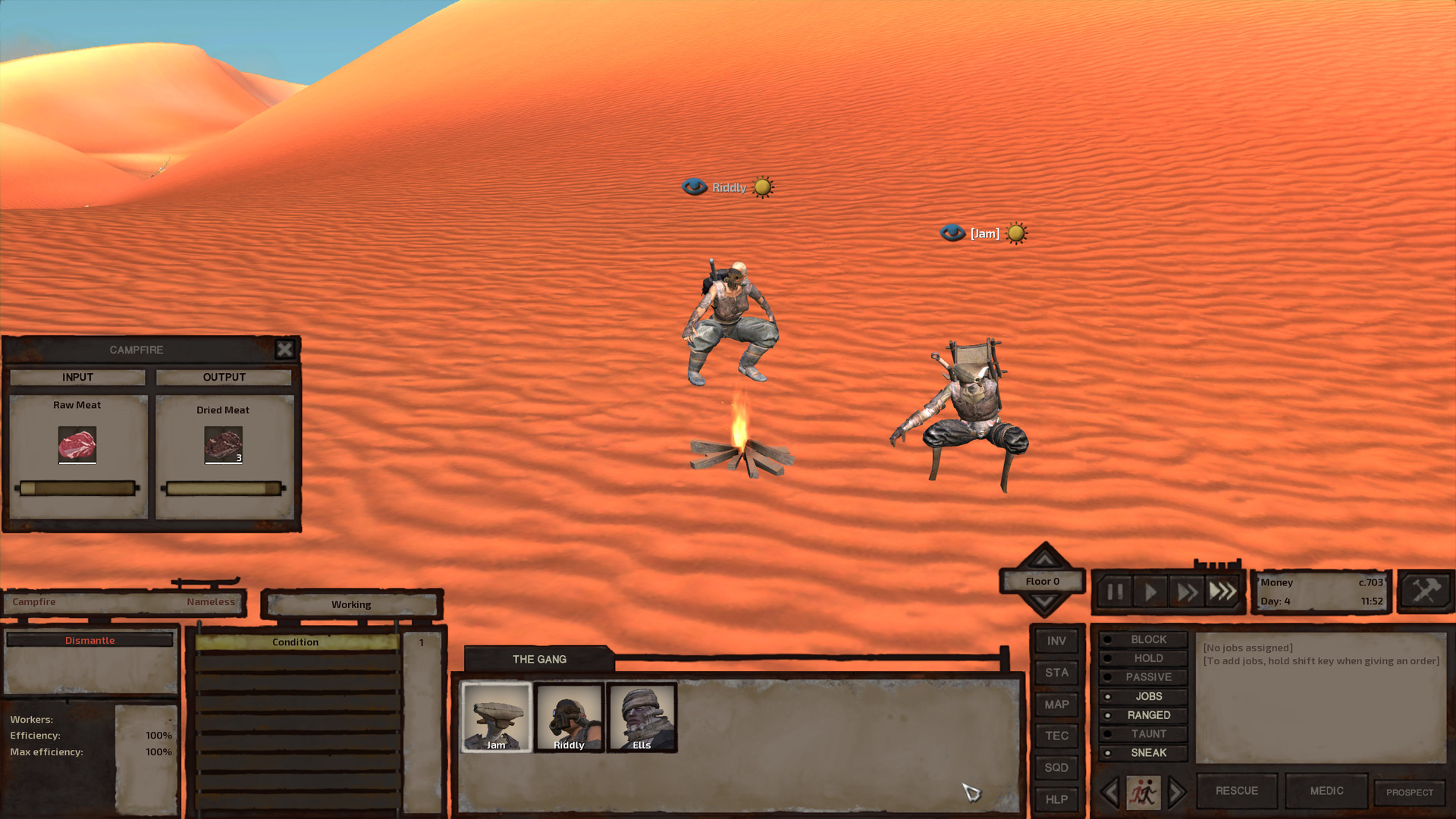 Between towering sand dunes, Jam and Riddly crouch by a campfire. The campfire has an Input slot in which to put raw meat and an Output slot that generates dried meat. Meat cookery is so easy!
