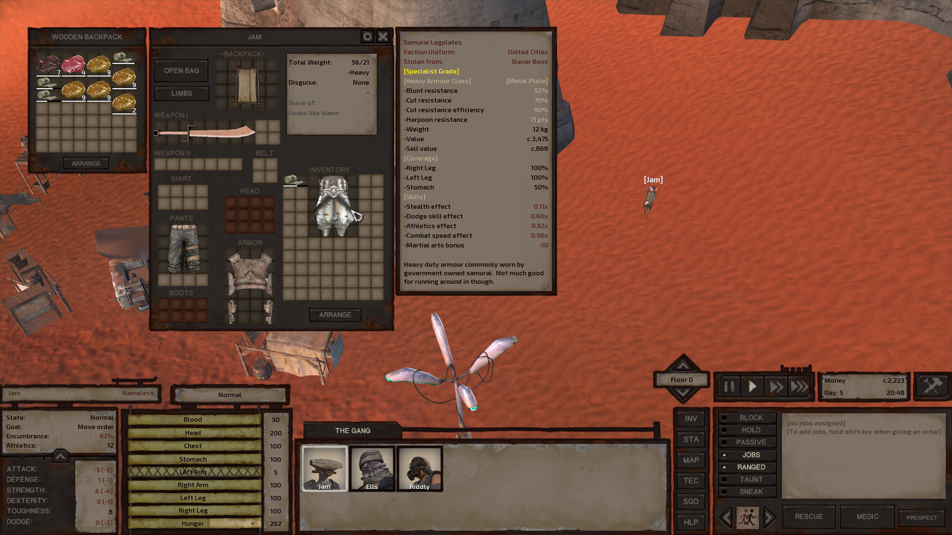 Jam is in the middle of the street, having snatched up the samurai legplates and gotten a safe distance away from the slave shop before checking them out. Jam's inventory is open, showing the legplates.