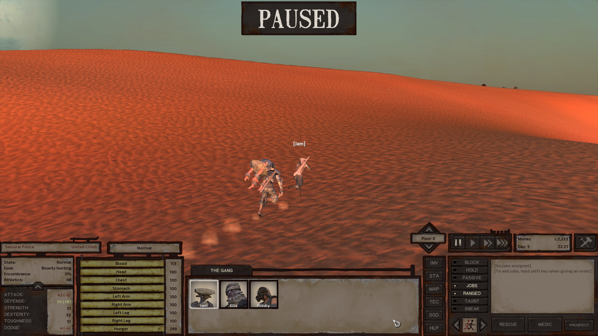 Jam flees across the sand with a samurai policeman hot on their tail. The samurai police wear lighter armour than regular samurai but they're still nothing to sneeze at. The cop is also carrying an enslaved Rebel Farmer.