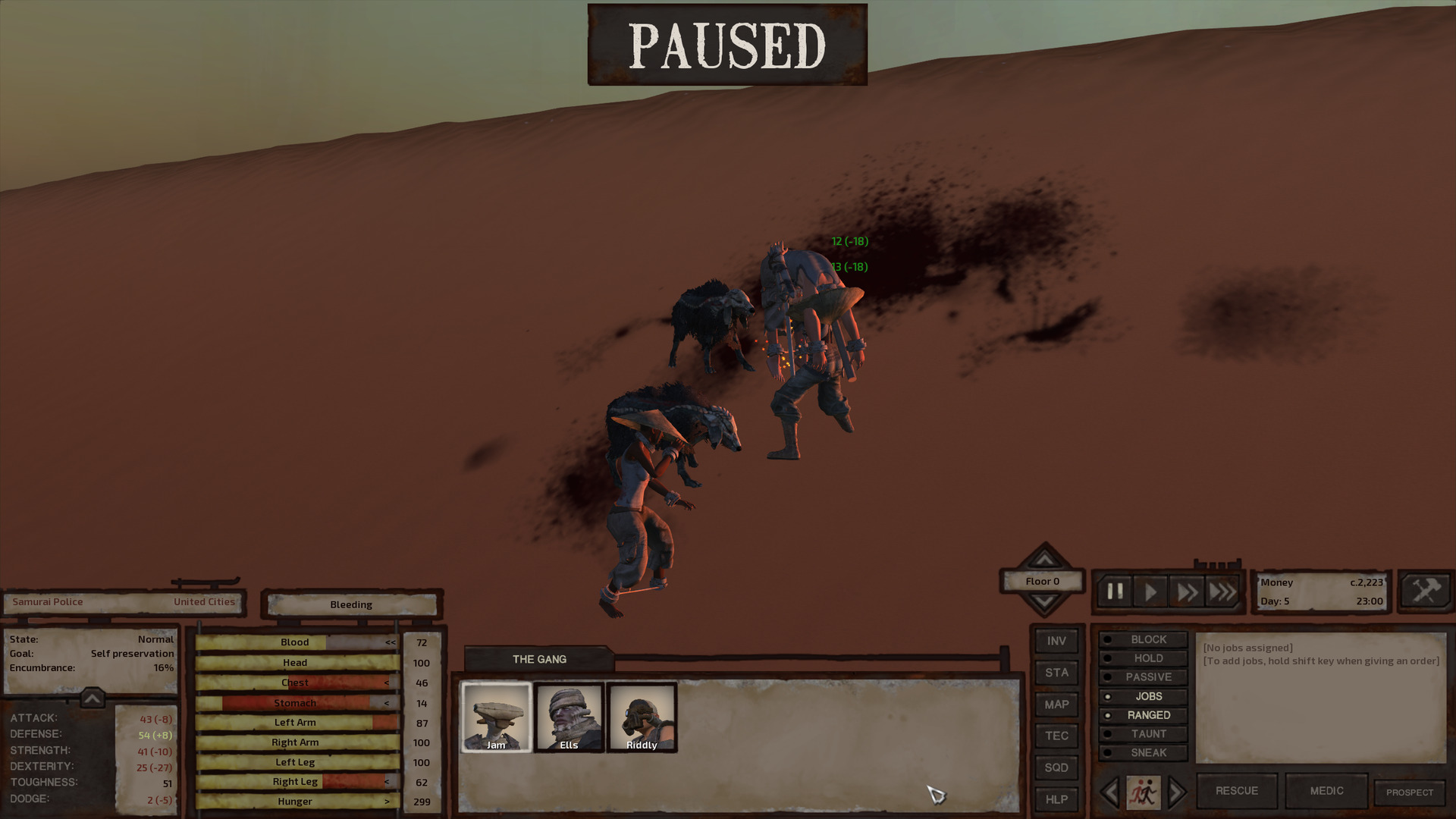 Two rebel farmers and their bonedogs fight the samurai cop on the side of a sand dune at dusk. There's blood all over the place. Bonedogs are large dogs with shaggy black fur covering most of their torso and sticking up in the middle of their back, giving them the appearance of a crest or a hyena-like mane. They have bony plates covering the upper half of their head, under which triangular floppy ears droop down. The bony plates on their head extend into a ridge on either side of their torso, running the length of their body and resembling a spine. All in all bonedogs are much more mean-looking than cute, but they're still cute if you ask me.