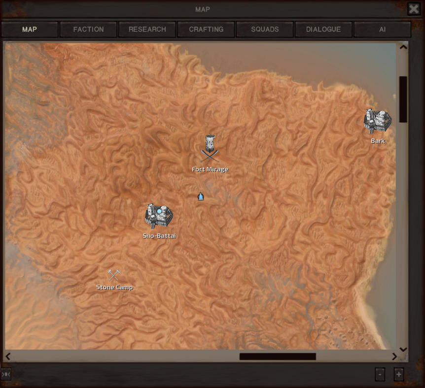 The map. There's one blue dot in Sho-Battai (that's Ells) while Jam and Riddly's dots are to the northeast of Sho-Battai, halfway between there and someplace called Fort Mirage. Much further to the northeast, on the coast, is a place called Bark. It's one of the four UC cities Jam had marked on their map at the start of the game. Jam and Riddly are about a fifth of the way to Bark, not that they're planning to go there. One last place is marked on the map: Southwest from Sho-Battai, about as far away as Fort Mirage is just in the opposite direction, is a place called Stone Camp. It is marked with the crossed hammer-and-pick symbol that denotes slave labour camps.