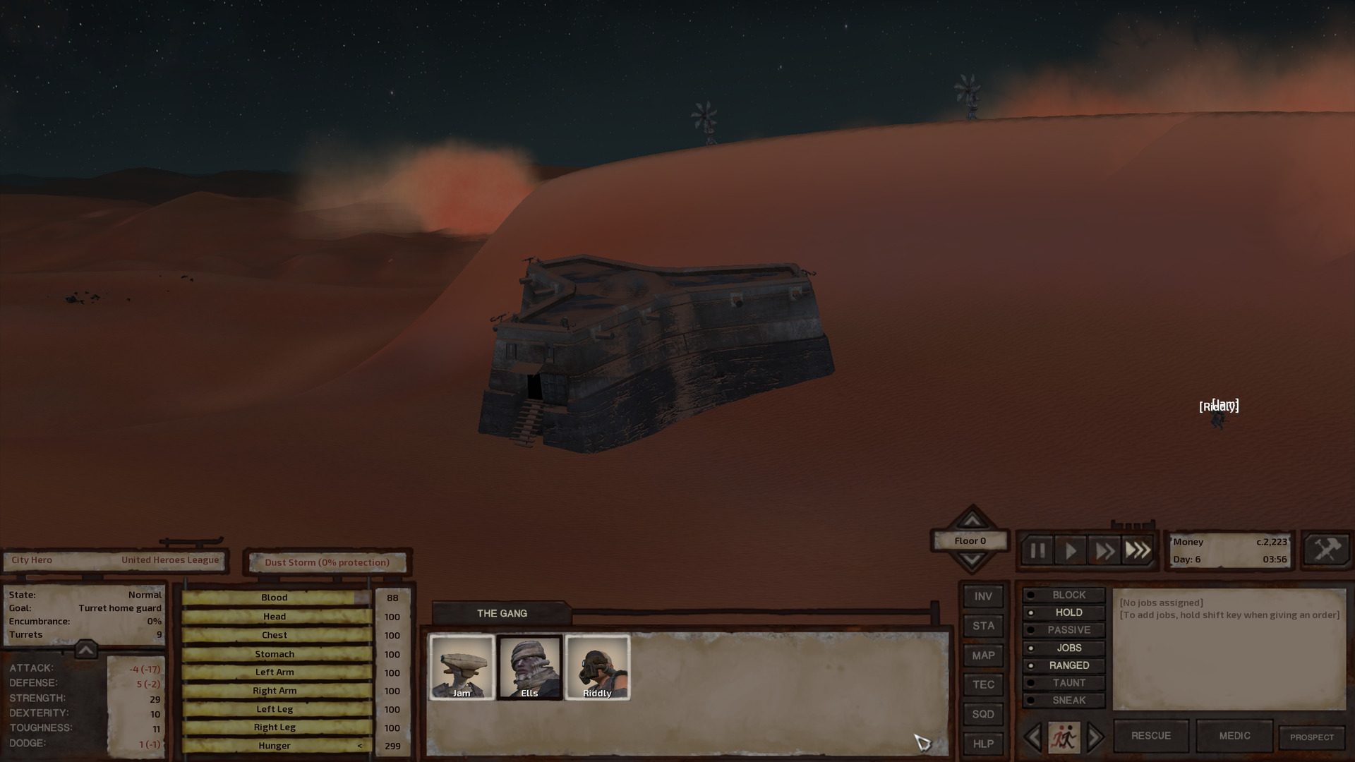 A Y-shaped single storey stone building with a few crossbow turrets mounted on the roof, nestled in the side of a sand dune. At the top of the dune are two small windmills.