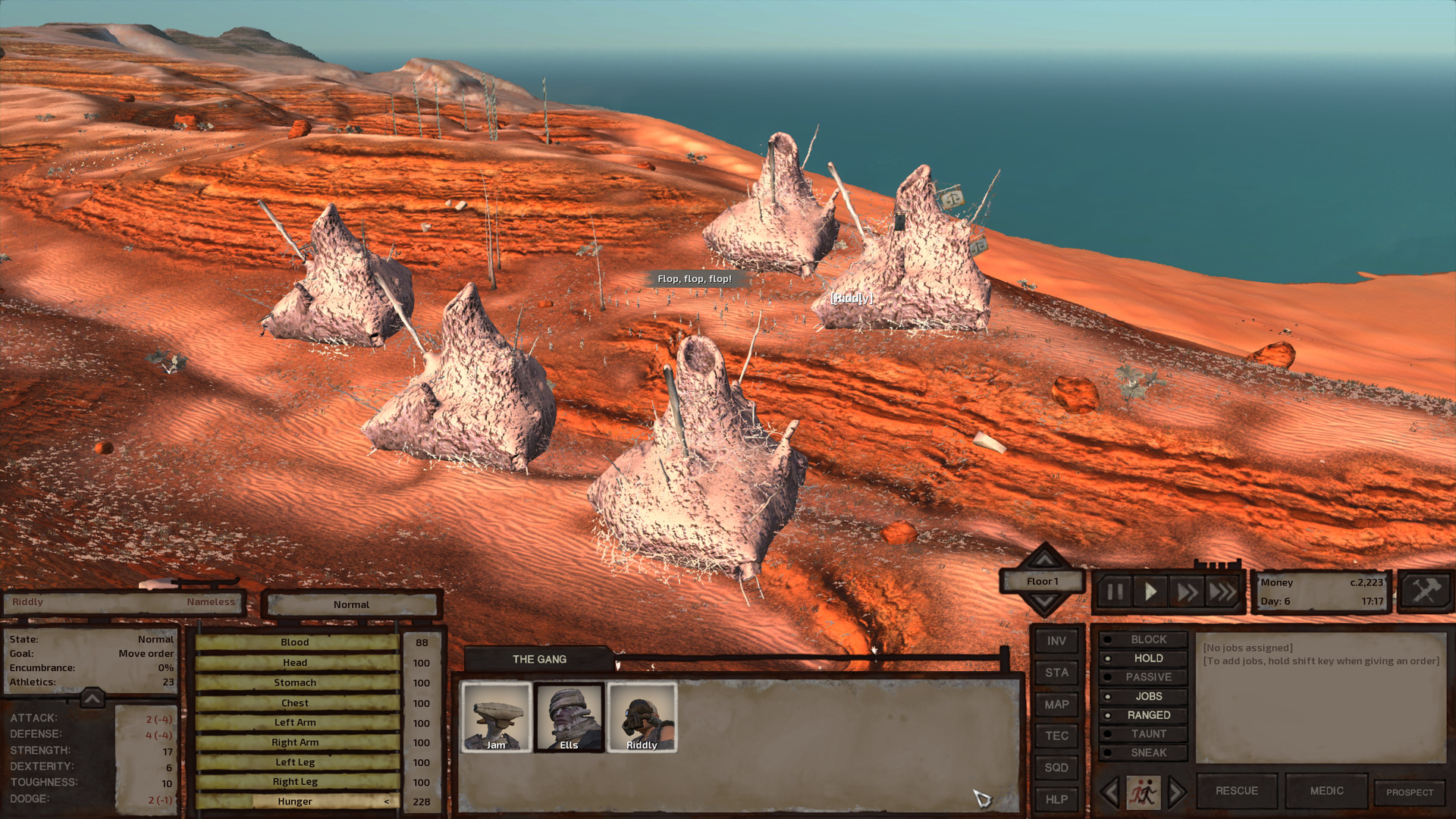 Still on the coast, the sweeping dunes start to give way here to badlands, hills and valleys of orange rock in visible sedimentary layers. Tall, thin cacti sprout here and there. The hive village itself is comprised of five identical-looking buildings, each with rounded walls that taper to a narrow entrance on each of three opposite sides, a couple bare tree trunks sticking out at odd angles, and a roof that tapers upward to a larger opening in the centre. I am unclear what the purpose of the top opening is. Ventilation, perhaps? The buildings are made of 'that brown stuff them lot build huts out of' that Yuzuki was talking about back on page 3. Jam doesn't think twice about this. Riddly is burdened with the knowledge.