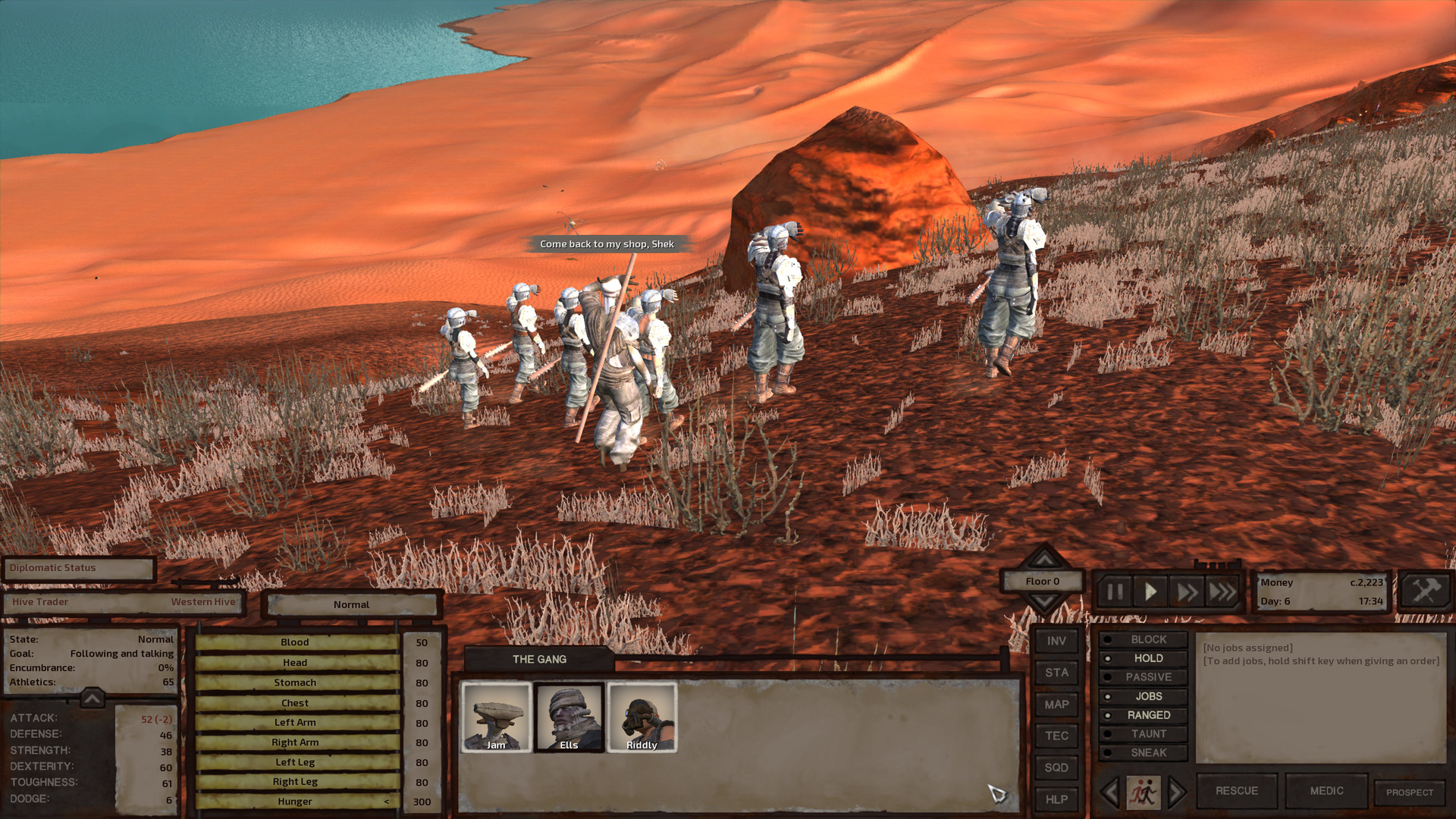A hive prince follows a group of Manhunters as they walk back toward the sandy desert. Specifically, they are following a shek Manhunter who walked through their shop, hassling them to return. Hive princes look similar to hive soldiers except that their heads are much more human-like, albeit with flat faces and a single antenna that curves to point upward from the top of their head at the back.