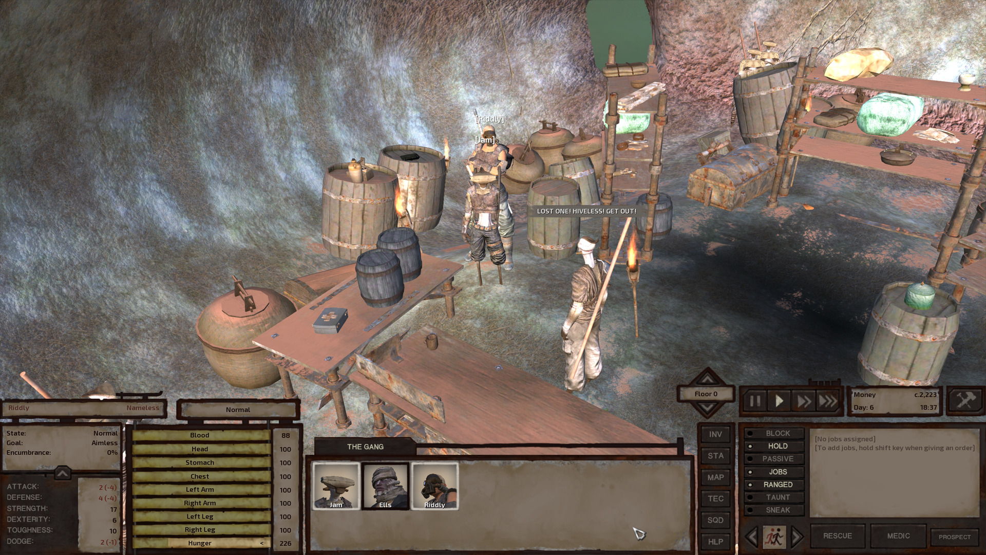 The inside of the store matches the outside, with an uneven floor and curved walls made from organic material. The prince stands in the middle of a sale area bordered by tables and shelves, while various barrels and chests are scattered around the room's outer edges. Jam and Riddly are ready to trade but the prince simply screams at them to leave.
