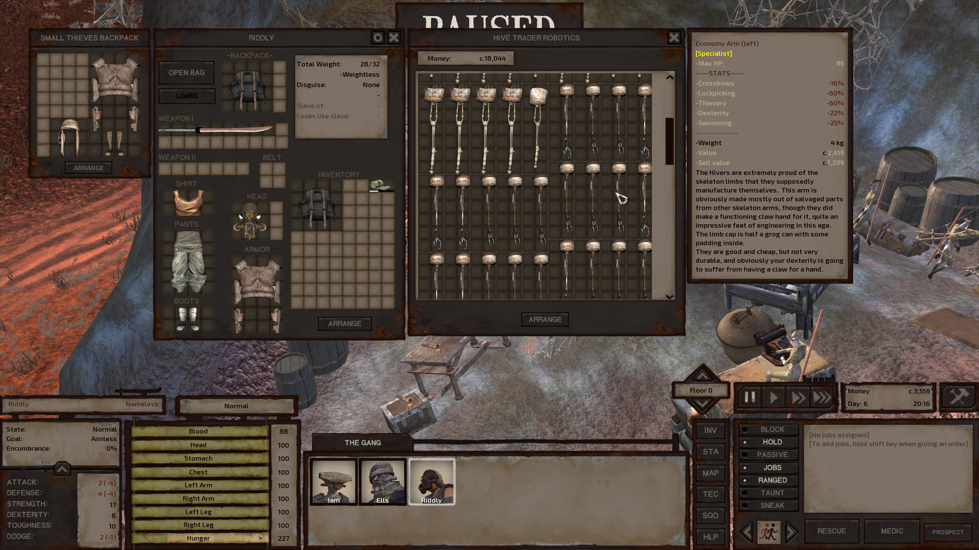 Riddly is shopping at the robotics shop. Not much can be seen behind the inventory window, but there are a few hive workers around the edges of the room, working away at various workbenches. The shop's inventory is the interesting part anyway. The contents are described below.