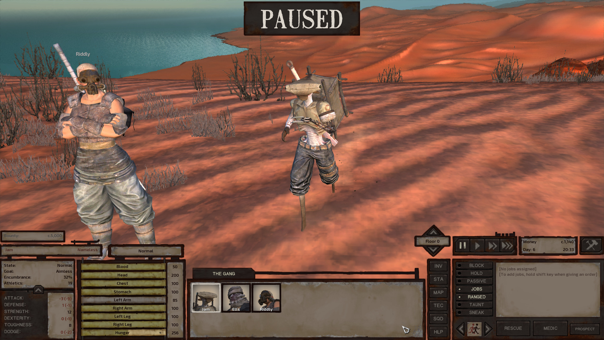 Jam and Riddly hang out on the sand outside the hive village. Riddly is wearing the fog mask she bought back at the Thieves' tower. Jam has taken off their armour so as to better show off their new arm! It attaches just below the shoulder. The rounded socket gives way to an arm of thin metal bars with a cylindrical elbow joint, ending in a thin hand that has two claw fingers and a claw thumb. It does in fact not look very dextrous, but it is, Jam cannot emphasize this enough, an arm.