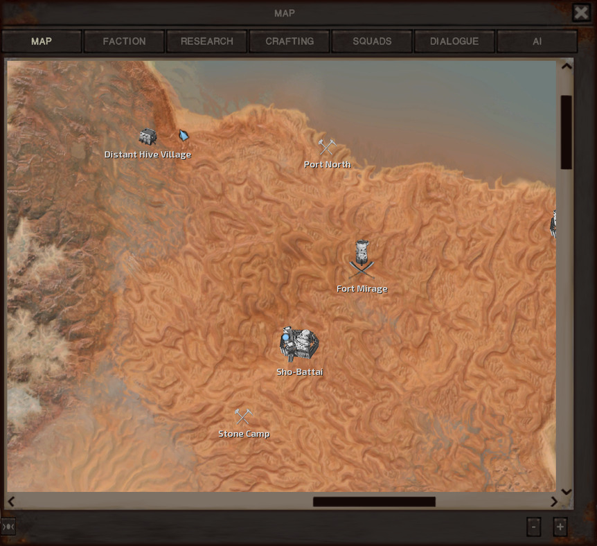 The map, now showing the hive village Jam and Riddly are in (as 'Distant Hive Village'). It is directly west of Port North, a significant distance northwest of Sho-Battai. It is about as far away from Sho-Battai as Bark is, though northwest as opposed to northeast.