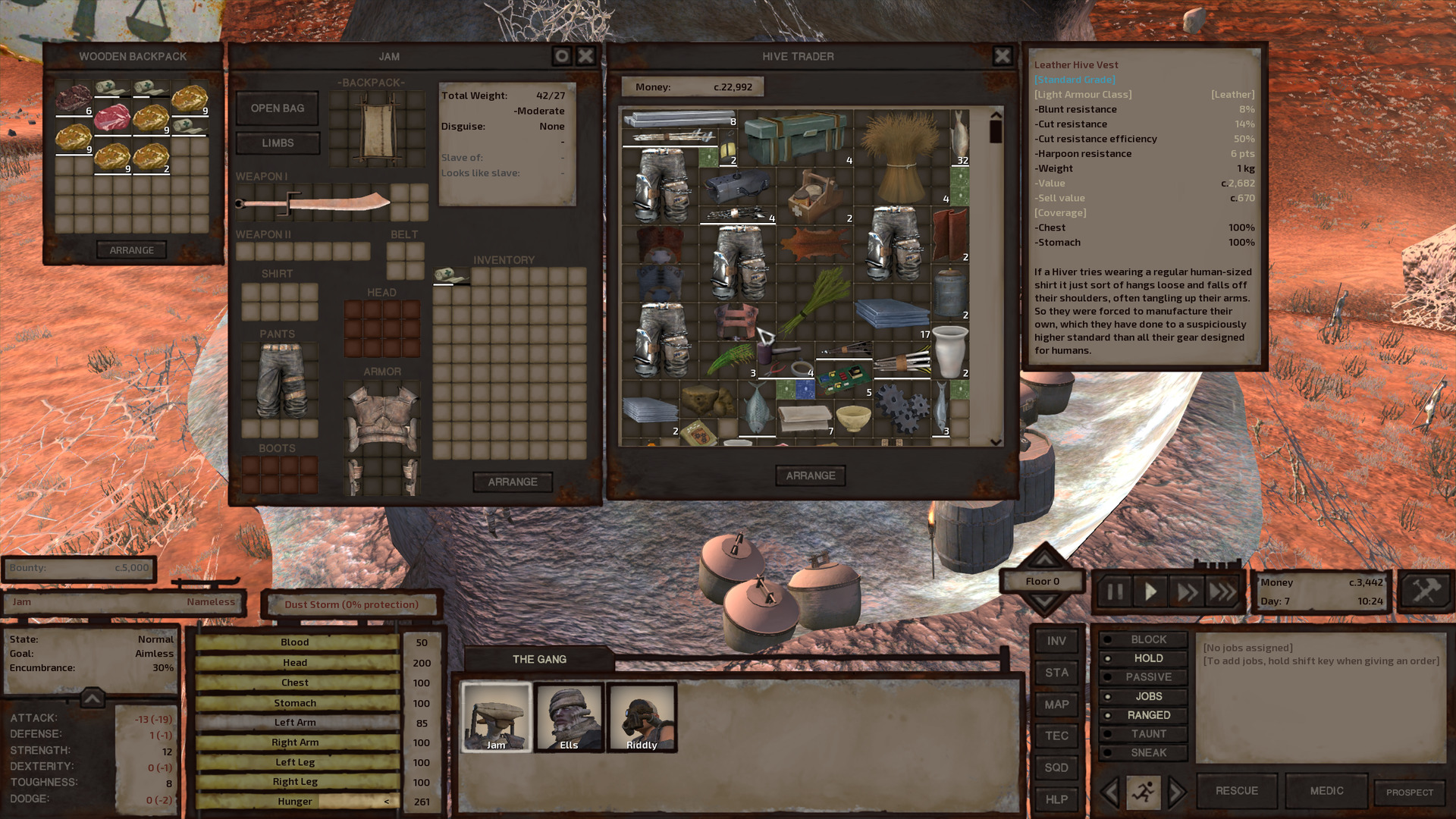 The hive general store's inventory, which fittingly includes a whole mess of things. Some crops, some fish, some construction materials, lanterns, a stack of books, armoured pants, and shirts made especially for hivers. Jam is examining the latter.