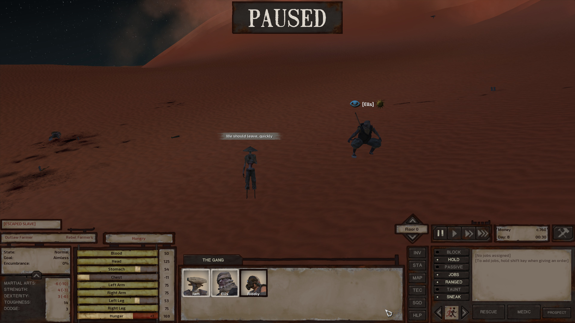 A desert scene at night. Blood stains the sands, a remnant of some brutal struggle. Ells crouches near a rebel farmer whose shackles he has just removed. The farmer is saying 'We should leave, quickly'.