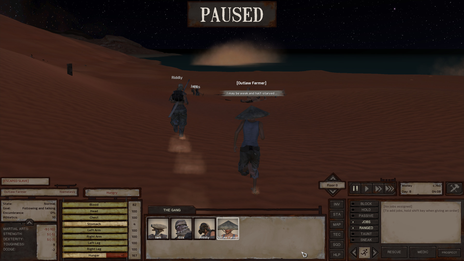 A fair-skinned and very skinny human outlaw farmer follows Riddly as she runs back to where Ells and Jam are waiting. She is dressed as most of the outlaw farmers are: In a tank top, cargo pants, and a conical straw hat. Her portrait now appears in the lineup next to Jam, Riddly and Ells; she has joined the gang!