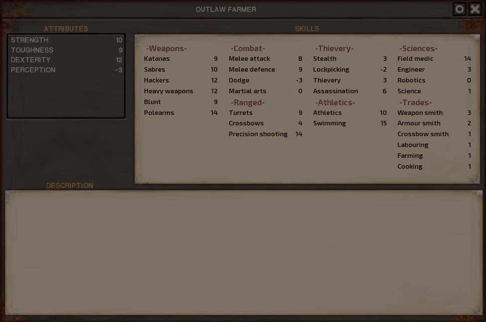 Outlaw Farmer's stats window.