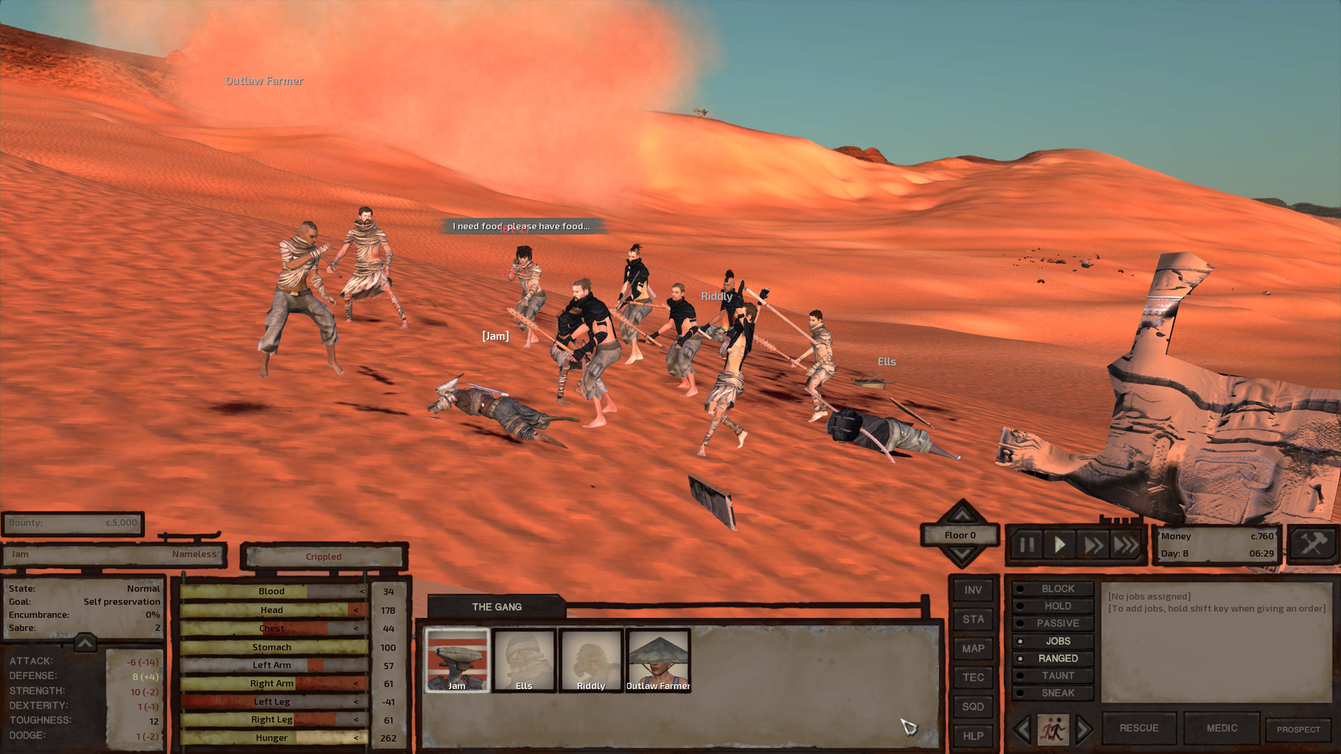 A group of scrawny-looking humans wearing rags attacks the gang. They wield staves, clubs, or just their fists. They have won, though. Ells and Riddly have been knocked out and Jam's leg is so wounded they can't stand. Jam is attempting to fight from the ground but several of the humans are winding up to clobber them.